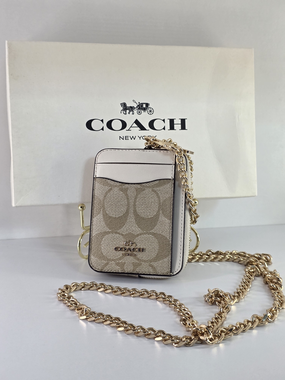 COACH Beige Signature Canvas Card Case W/ Gold Chain- Unused